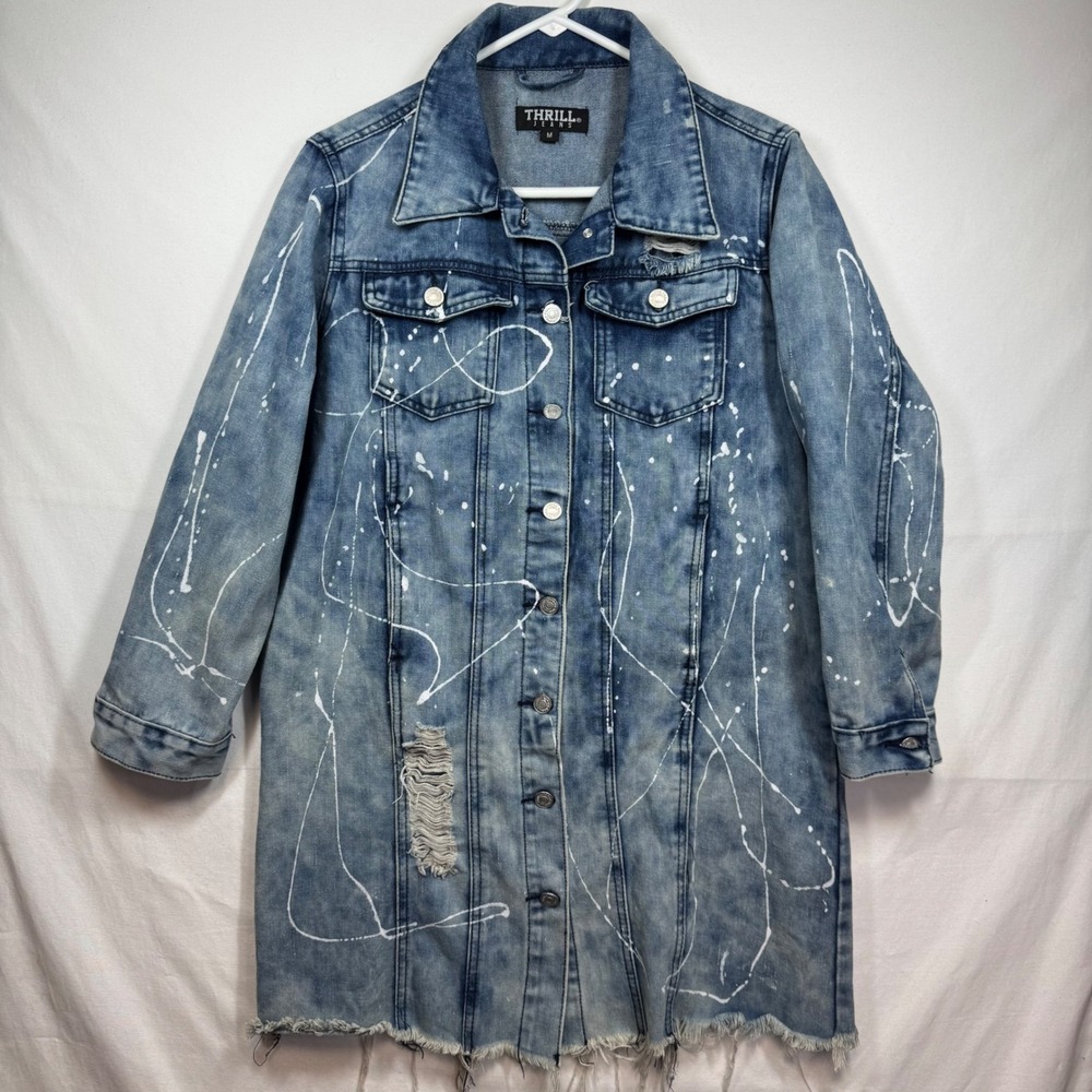 Thrill Jeans Denim Jacket Dress Longline Distressed Paint Splatter Sz Medium